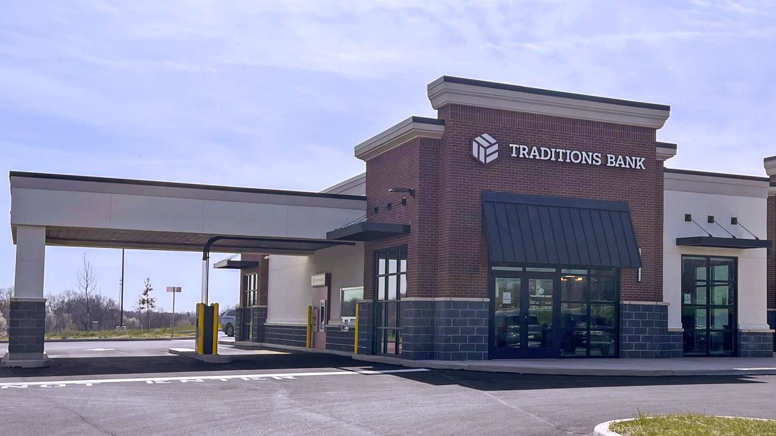 Traditions Bank State Road location exterior front view, next to Coffee Co