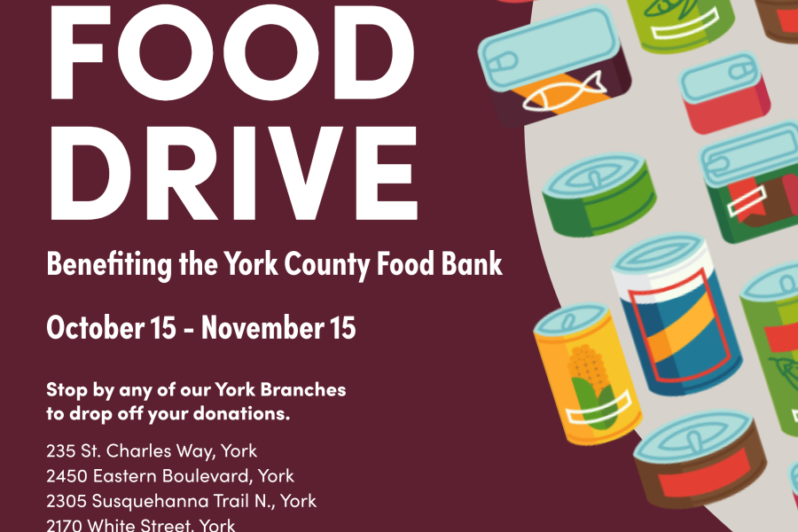 Grahpic for a Holiday Food Drive between October 15-November 15 benefiting the York County Food Bank