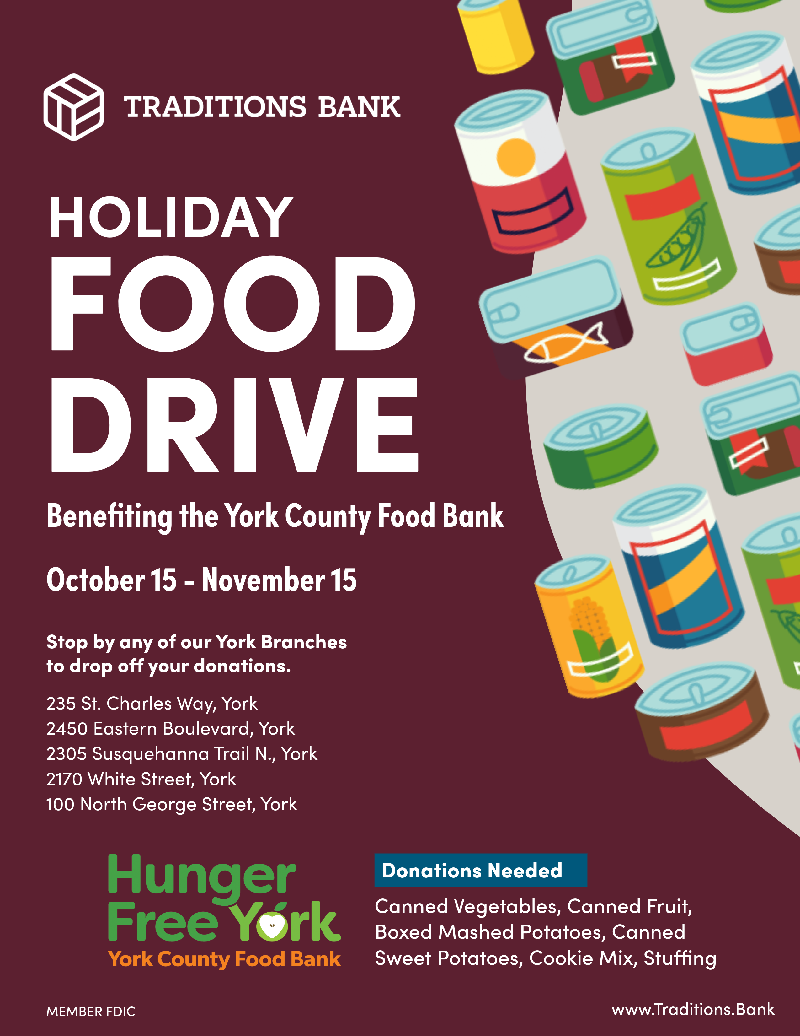 Grahpic for a Holiday Food Drive between October 15-November 15 benefiting the York County Food Bank